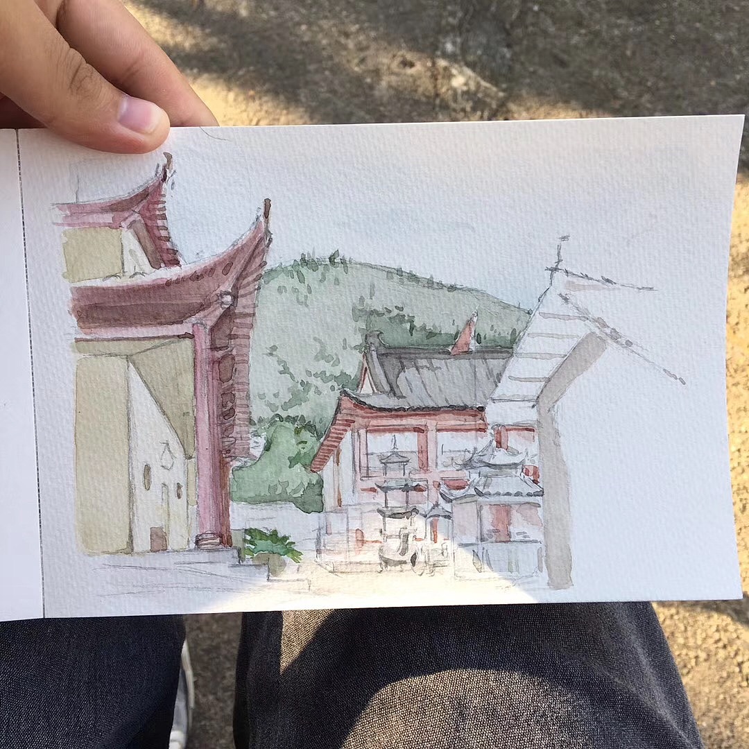 水彩画——宋朝古刹写生