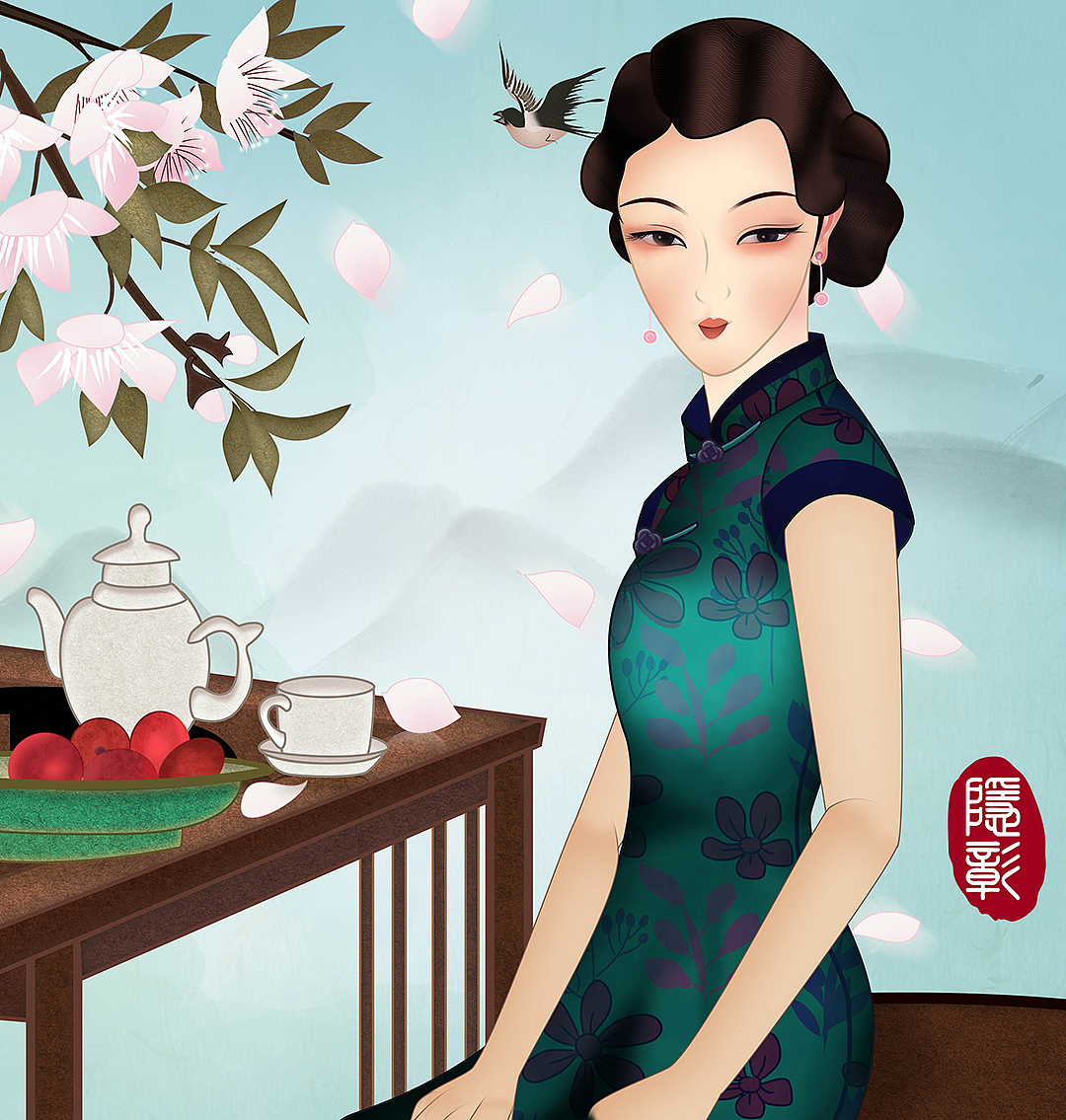 古风唯美竹子竹枝竹叶飘落蝴蝶端茶喝茶旗袍美人