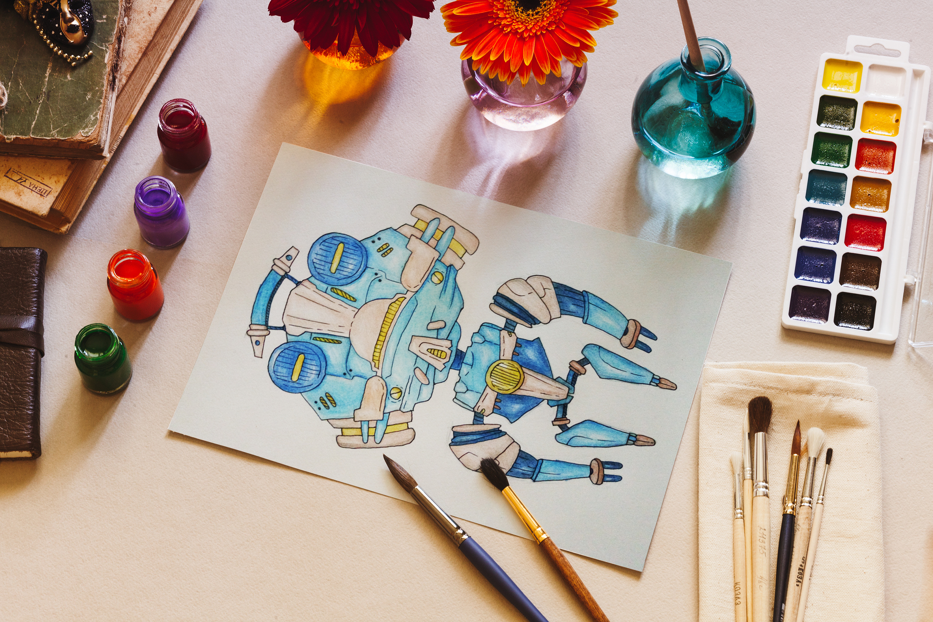 彩铅手绘小机器人系列插画可爱机械朋克风