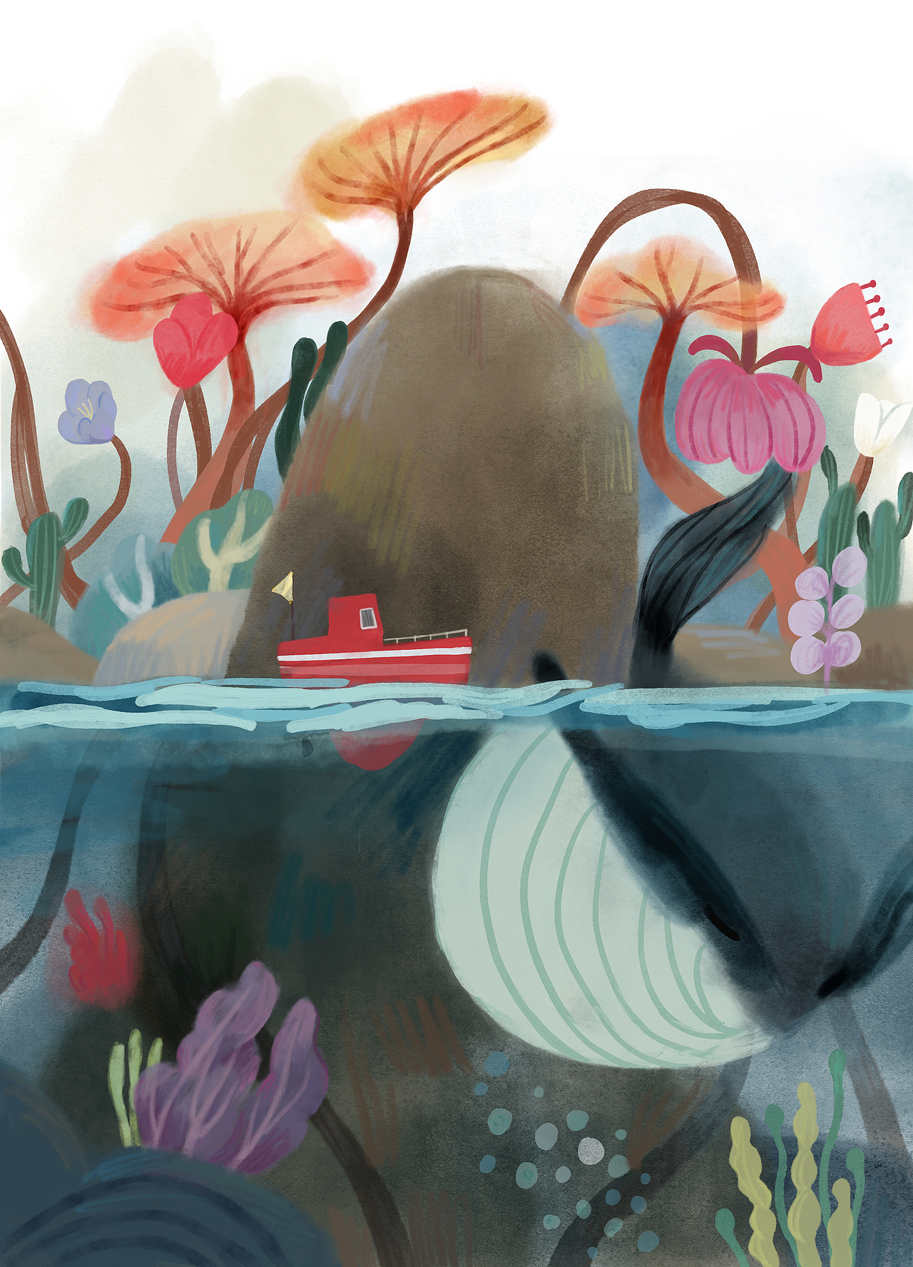 想象插画,岛屿,鲸鱼,大海,童话