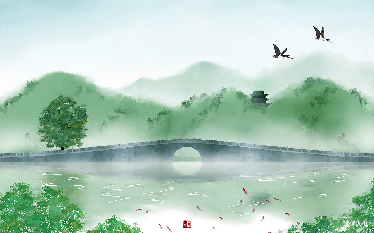 【中国风山水插画】江上春山远,山下暮云长.