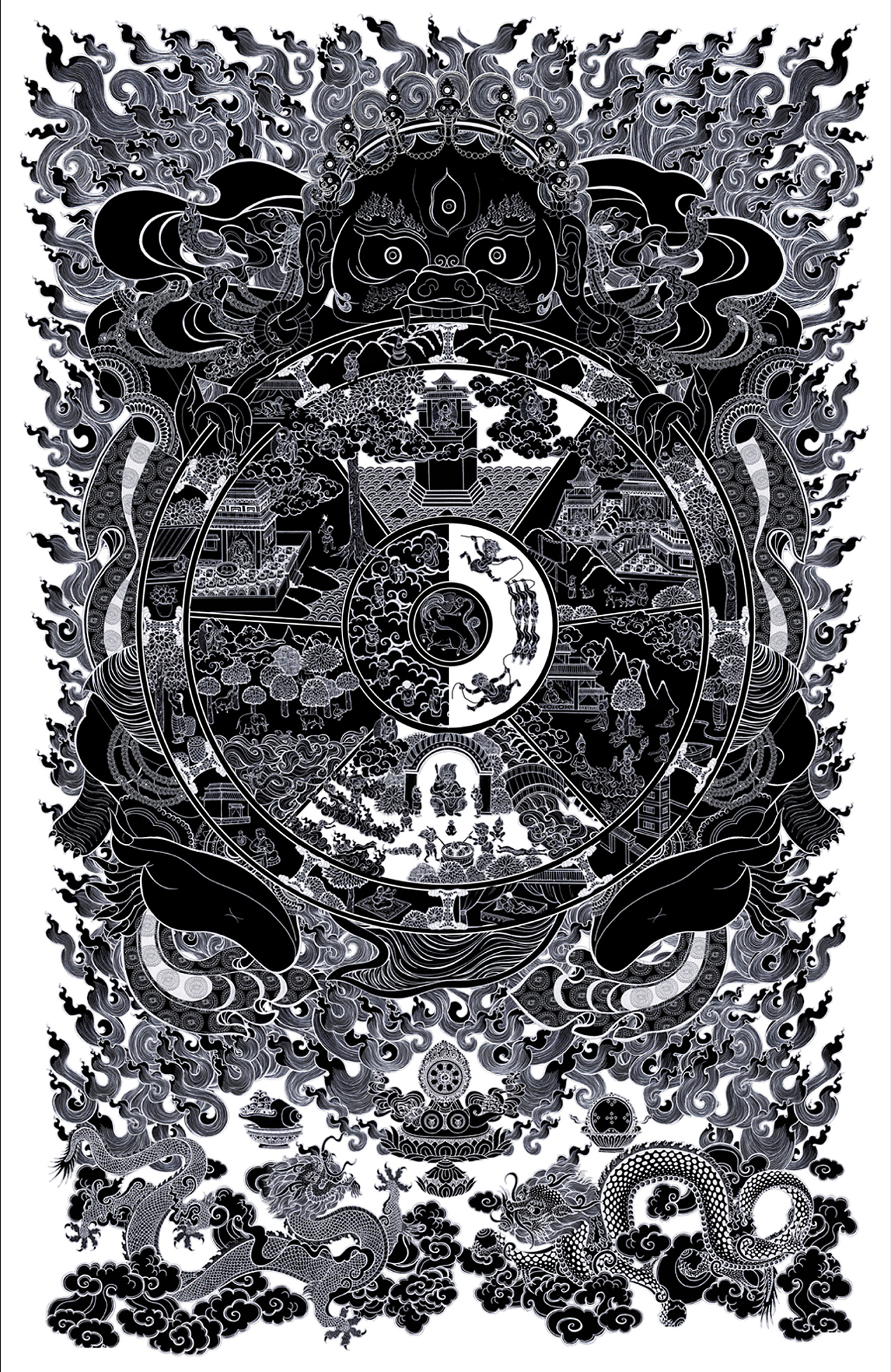 轮盘从内至外依次为三毒,黑白三道,六道轮回,十二因缘