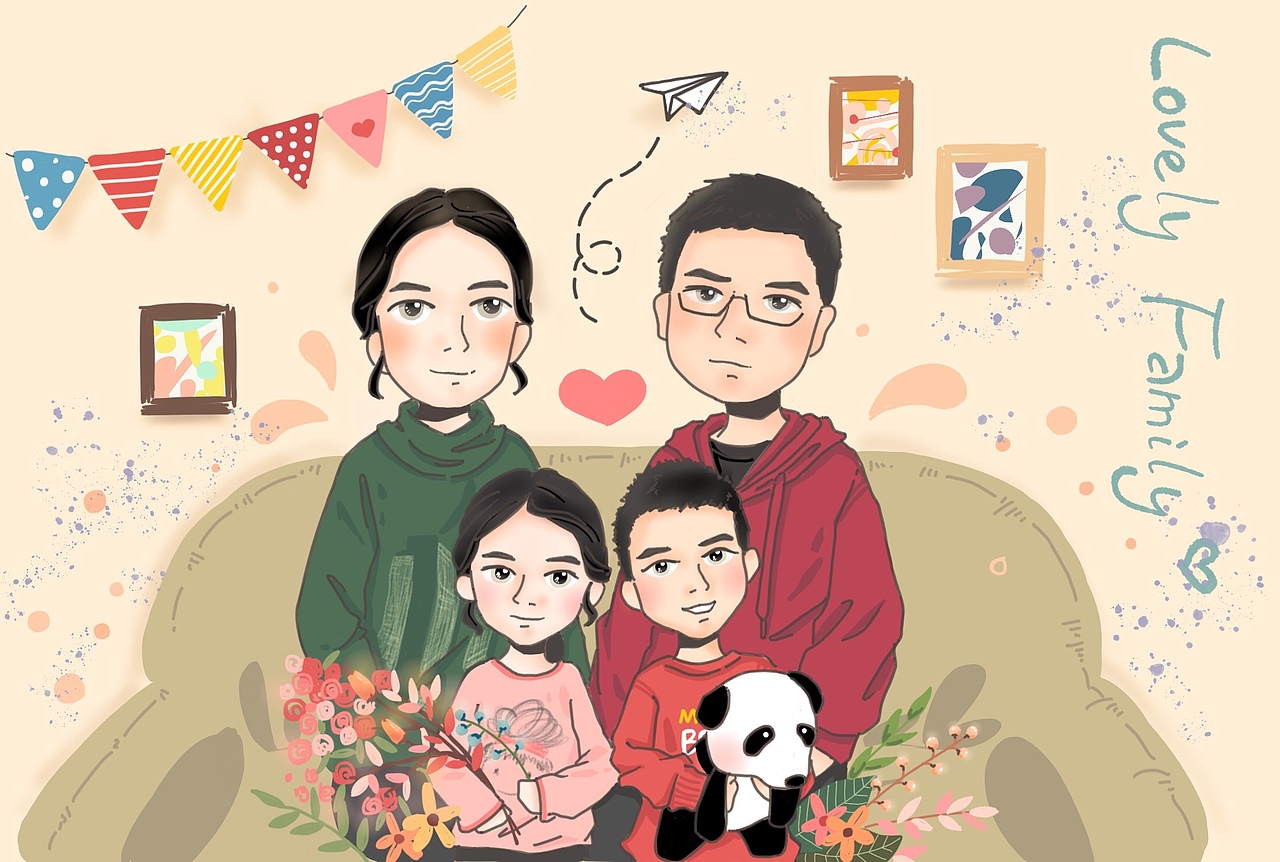 把发来的照片拼合成了一张全家福 br>整体色调尽量用温馨的颜色 br>