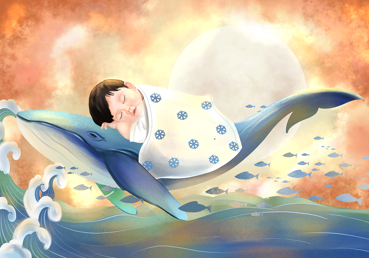 海洋日出 鲸鱼宝宝写实人像