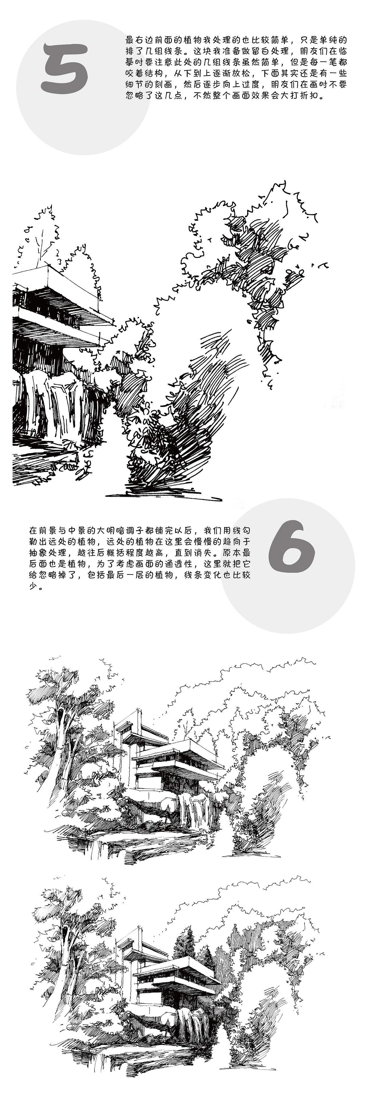 流水别墅钢笔画表现---白鹿猿钢笔绘画教程