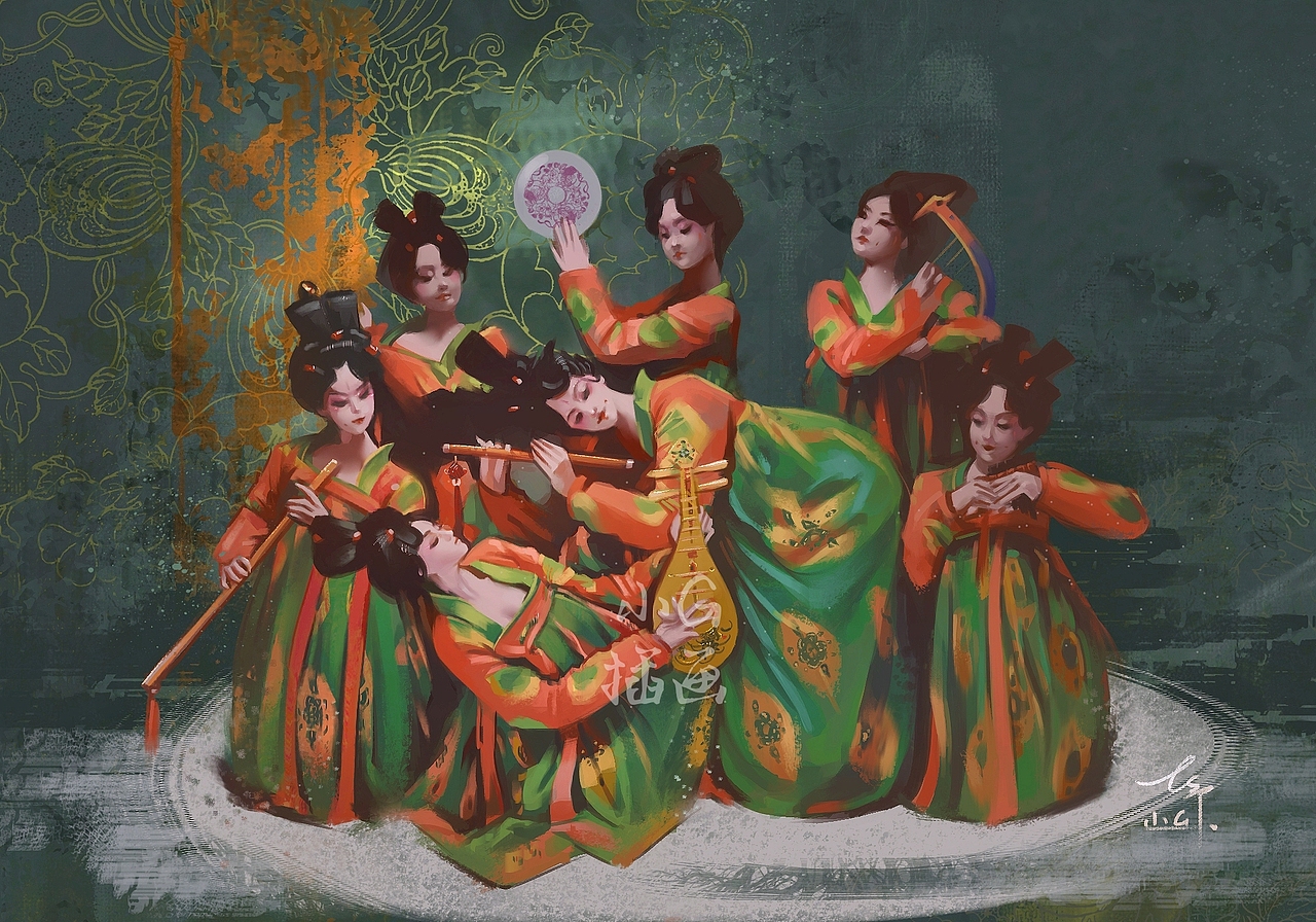 唐宫夜宴（付过程）（图ZMjQ0MjQ3NDg0） - 商业插画 - 站酷设计师小G在画什么原创素材 - 站酷ZCOOL