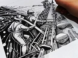 版画效果，劳动主题黑白装饰画