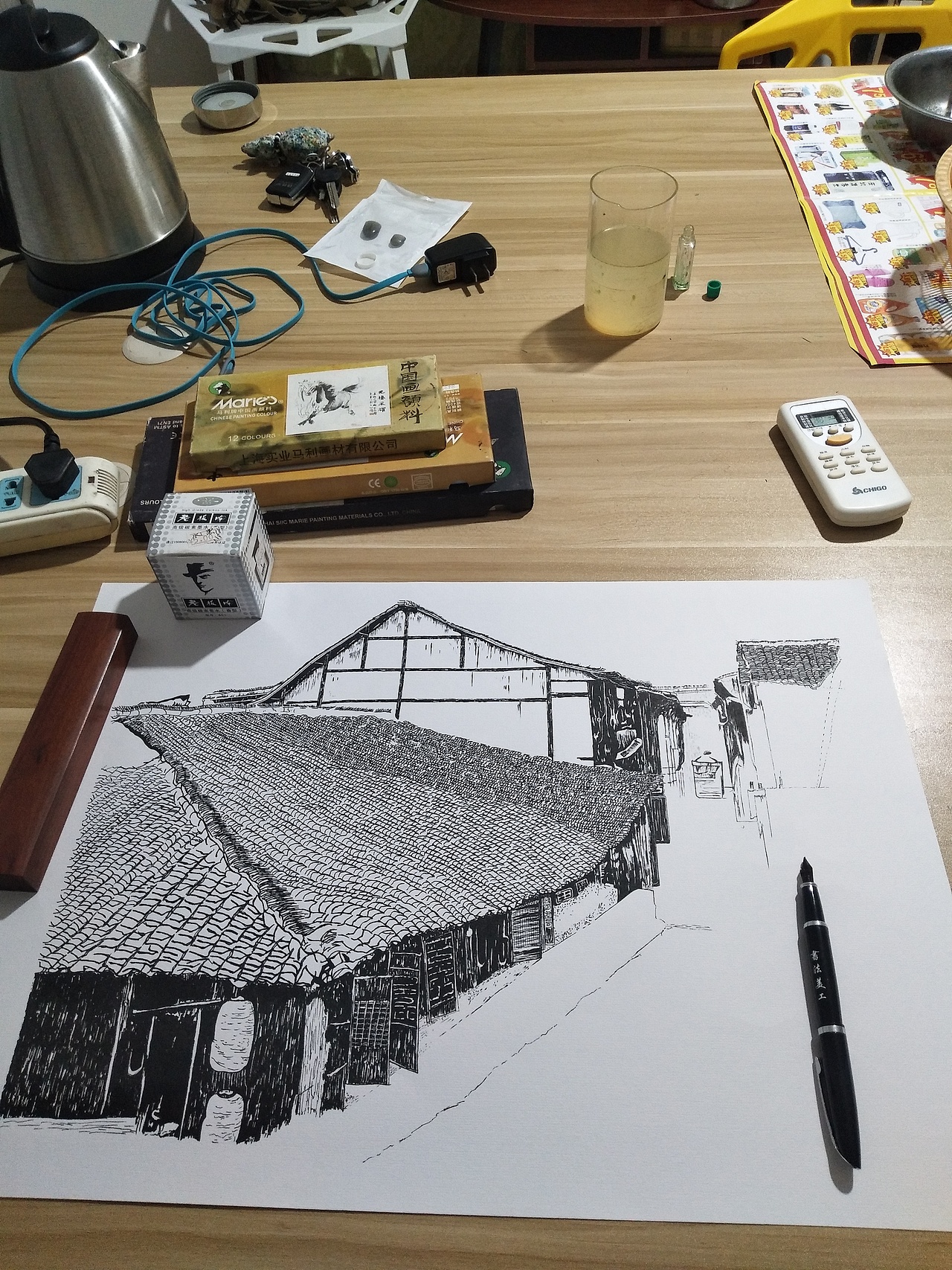 钢笔画《古屋巷子》