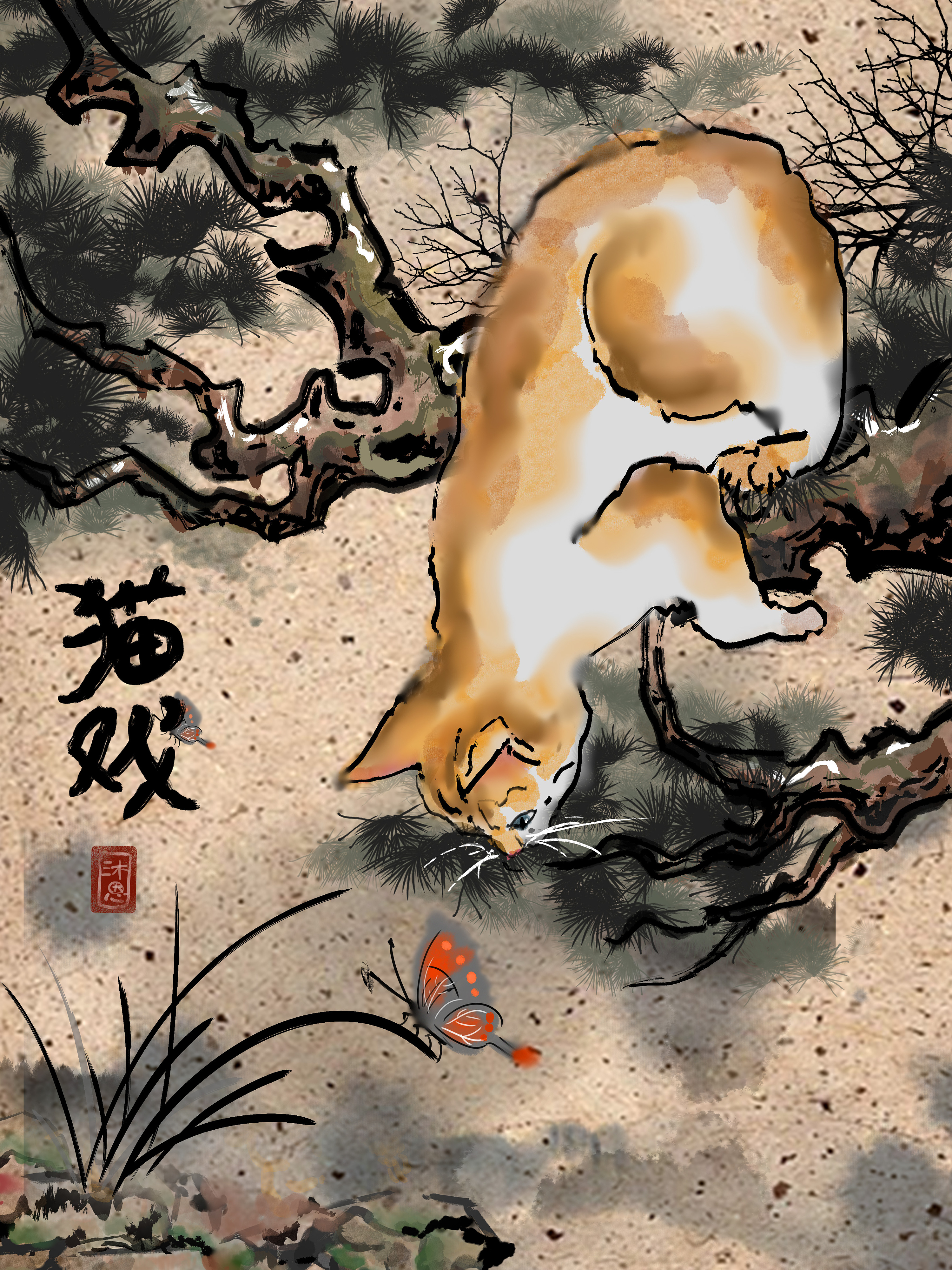 仿国画中国风写意猫咪