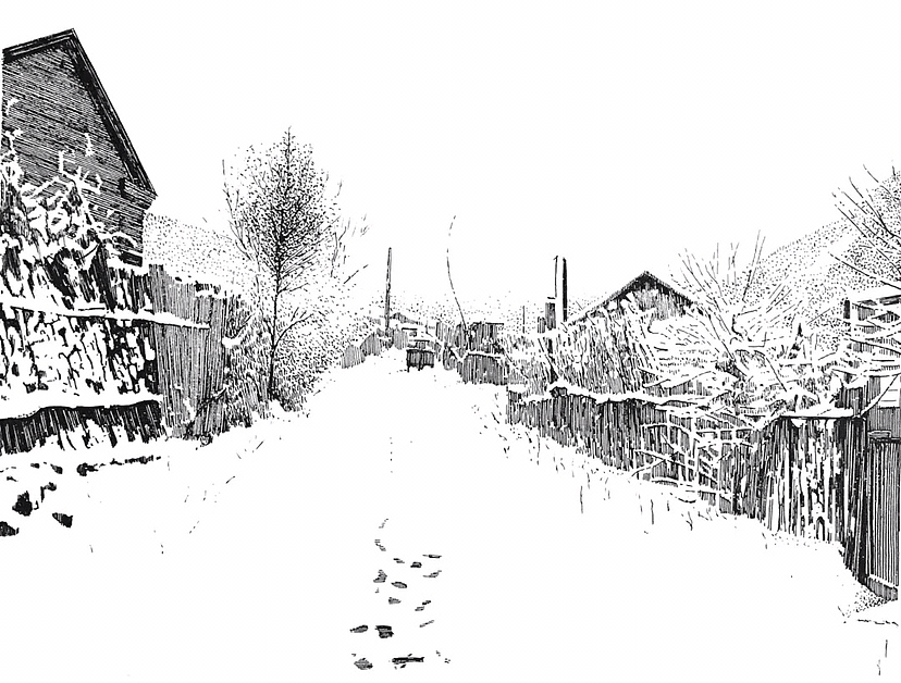 钢笔画雪景作品