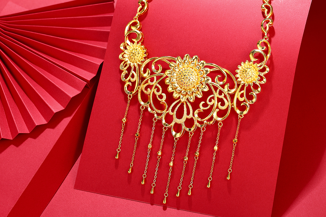 红底 中国金 中国红 婚庆饰品 黄金饰品 项链