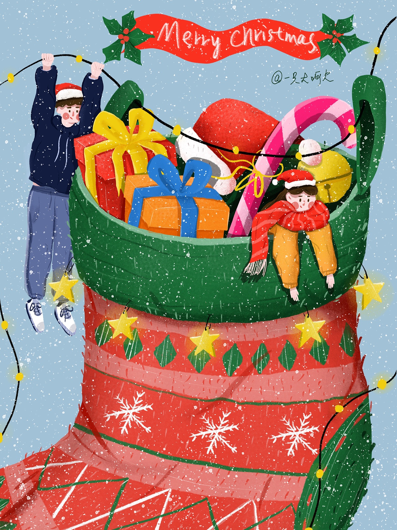 快乐的孩子们在圣诞帽拆圣诞礼物照片摄影图片_ID:351774277-Veer图库