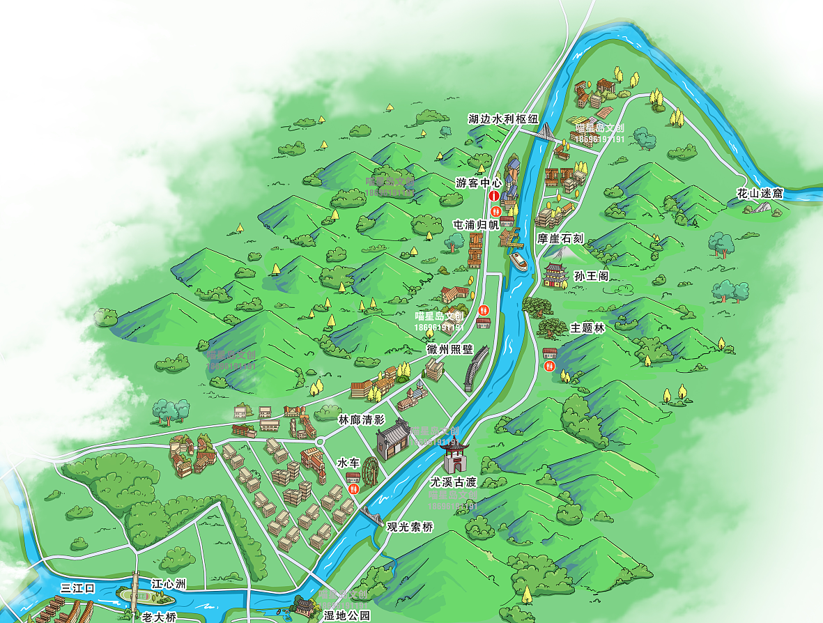 安徽省黄山市新安江滨水旅游景区旅游手绘地图