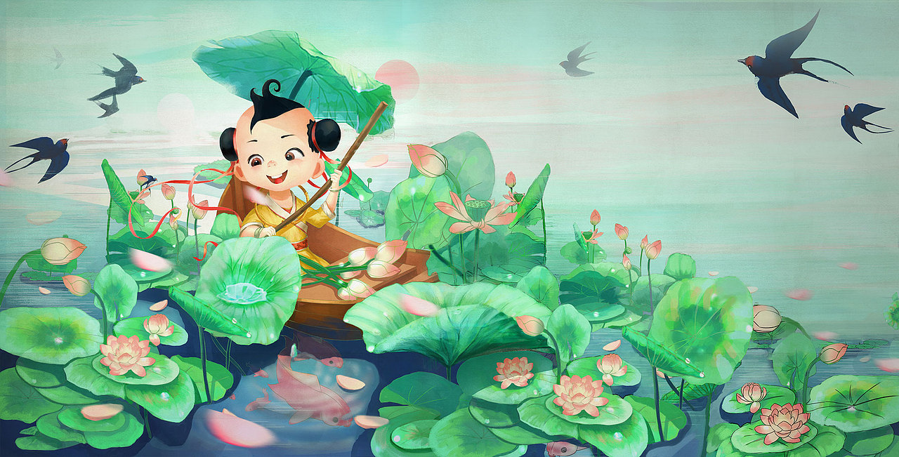 小娃撑小艇,偷采白莲回