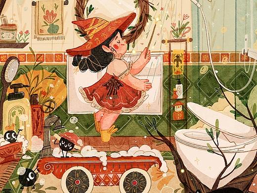 魔女系列08：原创插画-魔女的浴室