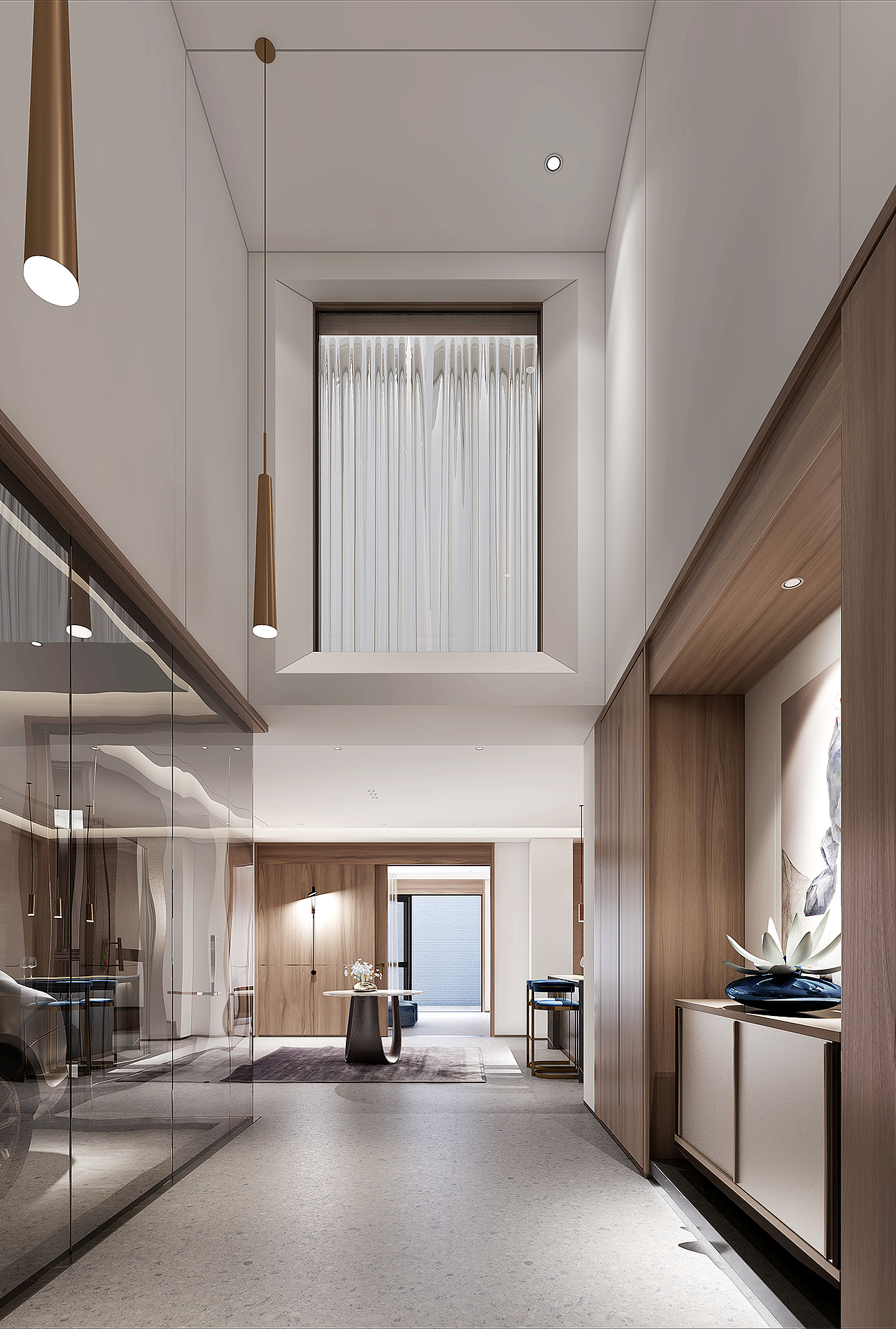负二层门厅区域:一个别墅的风格它是有灵性的,简约轻奢风格的灰色