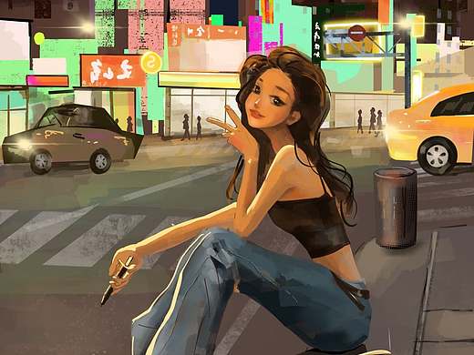 夜景手绘插画