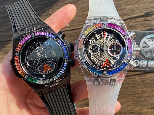 HB宇舶BigBang大爆炸计时码表，透明壳身彩宝圈口