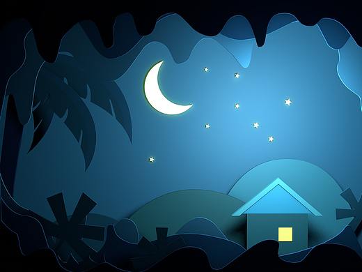 宁静的夏夜 C4D剪纸风插画