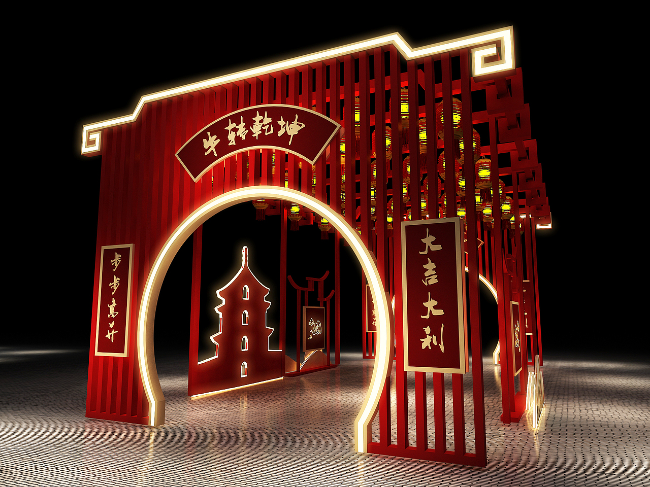 3d设计效果图742021年春节新中式dp美陈拍照打卡点设计