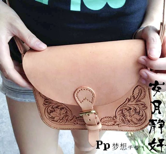 进口植鞣革手工雕花手缝女士小挎包