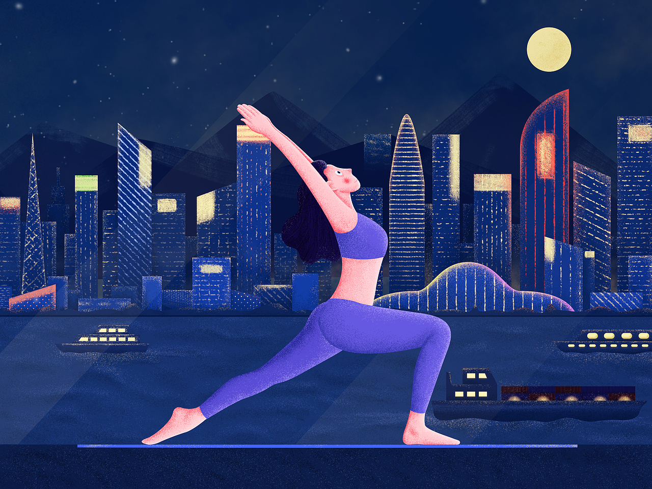 去香港玩,在海边拍照的时候发现远处健身房落地窗后有人在看着我们,然后想象在里面健身的视野。(睡前锻炼)