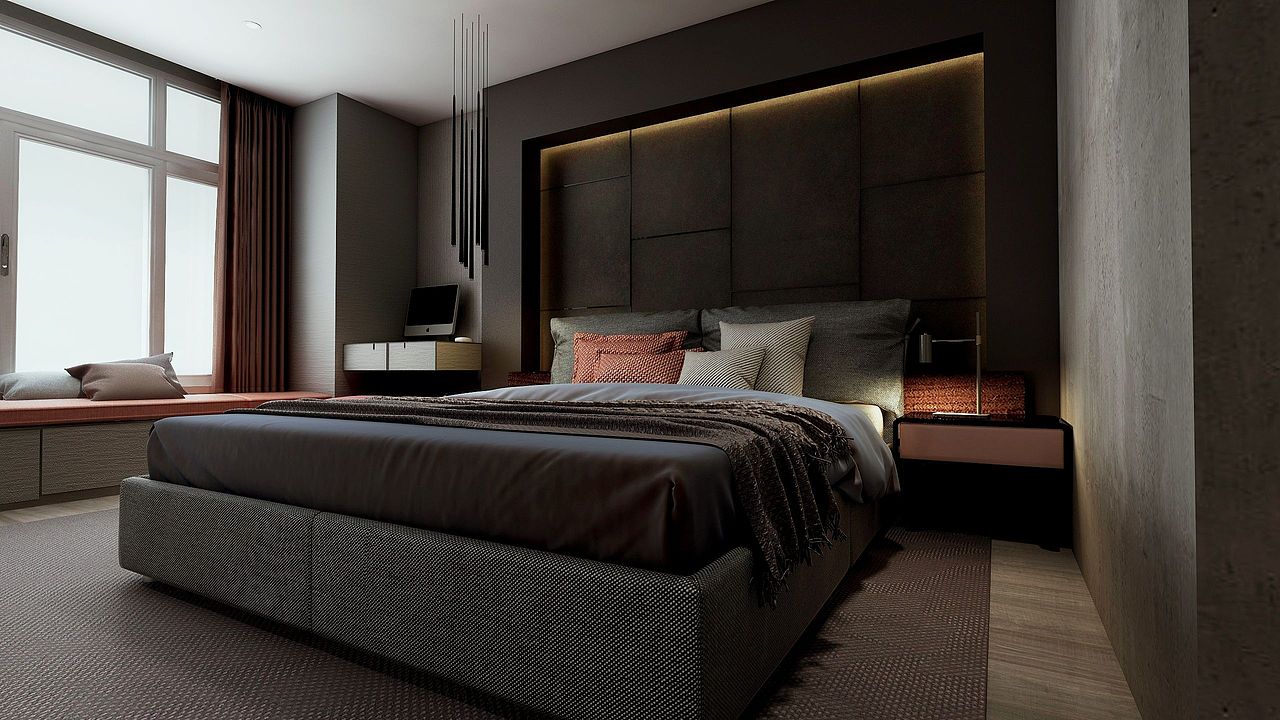 卧室为灰色系,彰显现代化个性,玻璃窗给足了采光效果,一眼望去便是靓丽的城市景观。