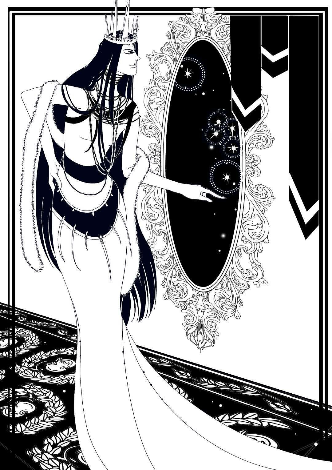 儿童插画白雪公主毒皇后魔镜欧式宫殿花纹地毯