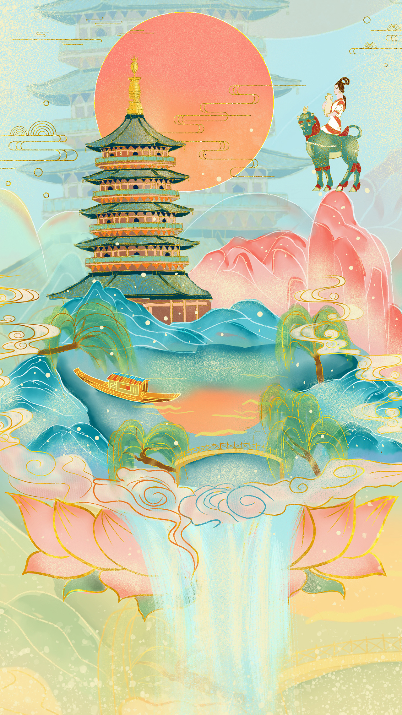 运用城市元素创作国潮画风.用传统中国风配色,以及金线勾边突出特色.