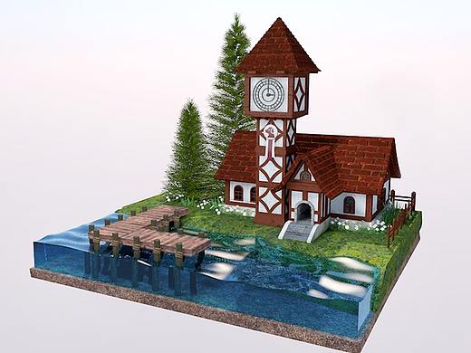 C4D 建筑场景-湖畔小镇