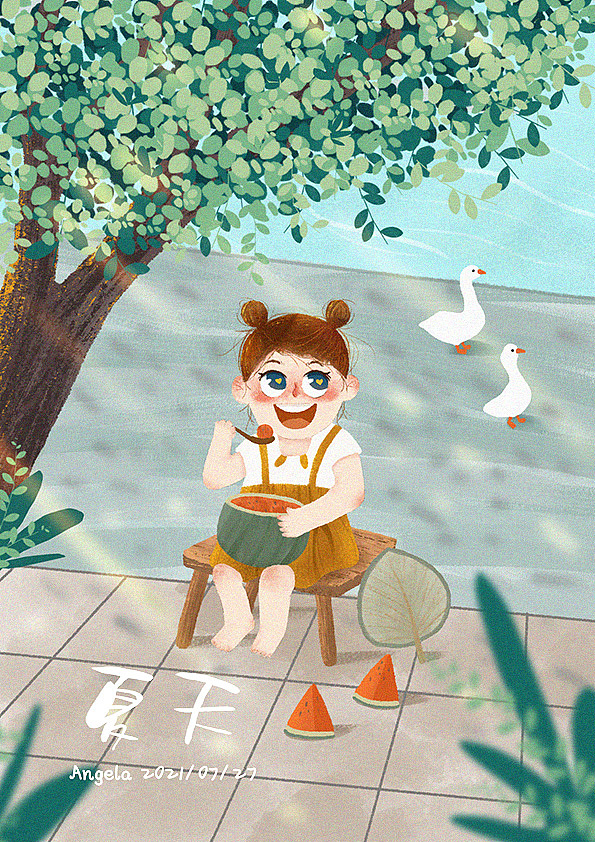 夏天-小女孩吃西瓜|插画|儿童插画|小株熊 - 原创作品 - 站酷 (zcool)