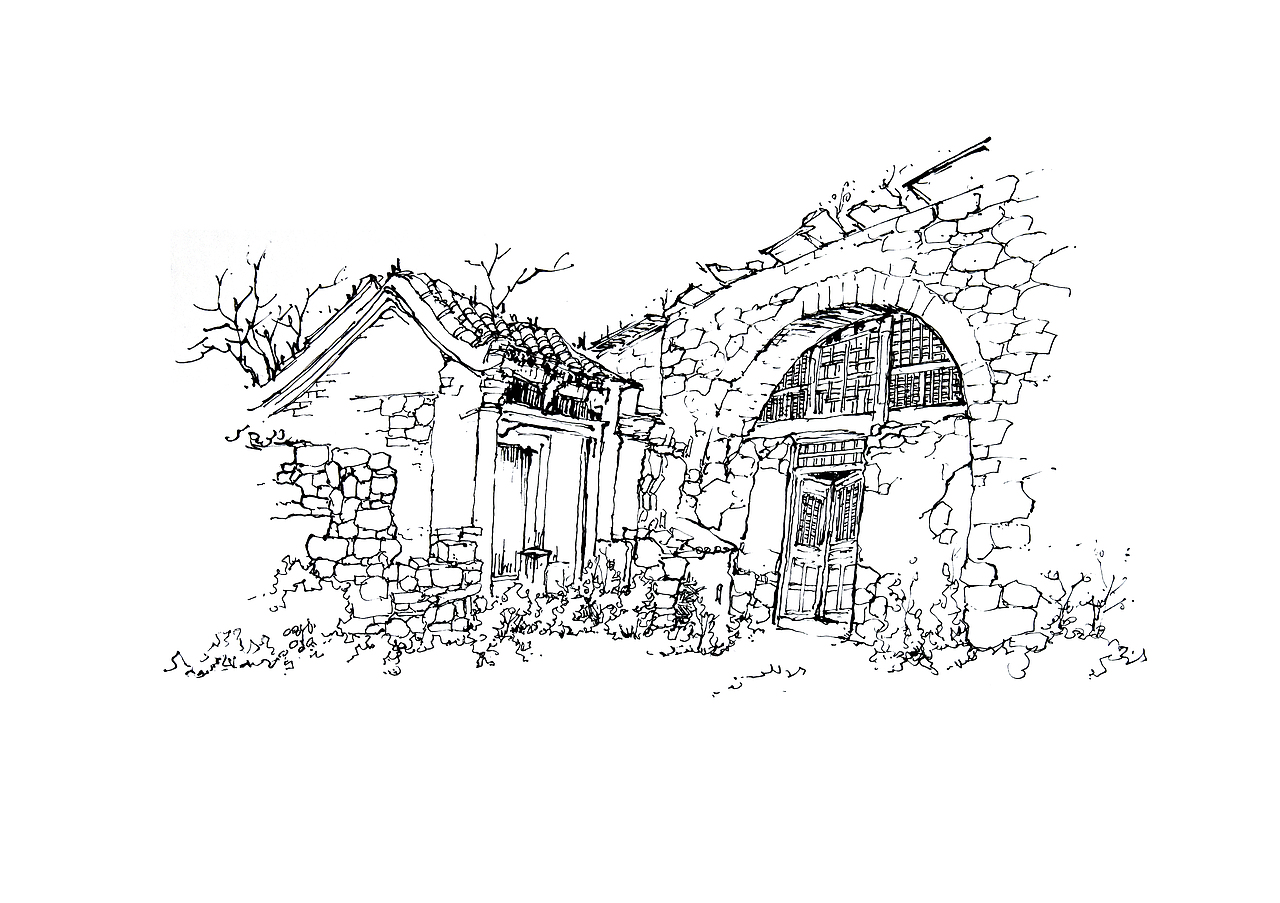 黄土高原风景——窑洞速写_延杨红钢笔画-站酷zcool