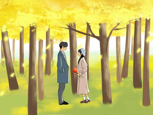 唯美情侣秋季深秋立秋插画海报