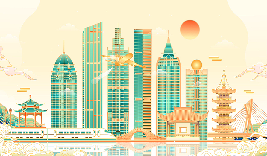 中国江苏无锡城市建筑群矢量插画