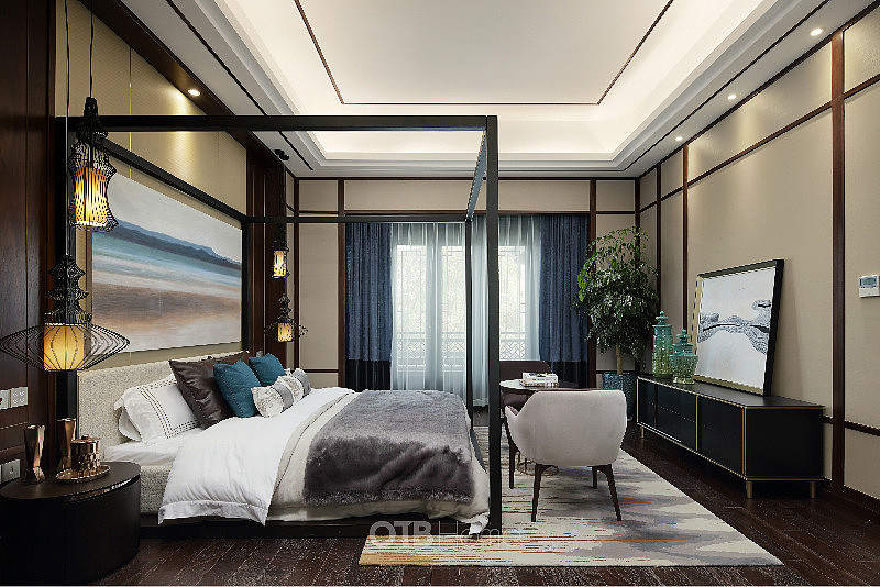 主卧采用中式四柱床位,采用装饰灯照明,烘托氛围,单人位沙发及电视柜均为极具现代感的设计风格