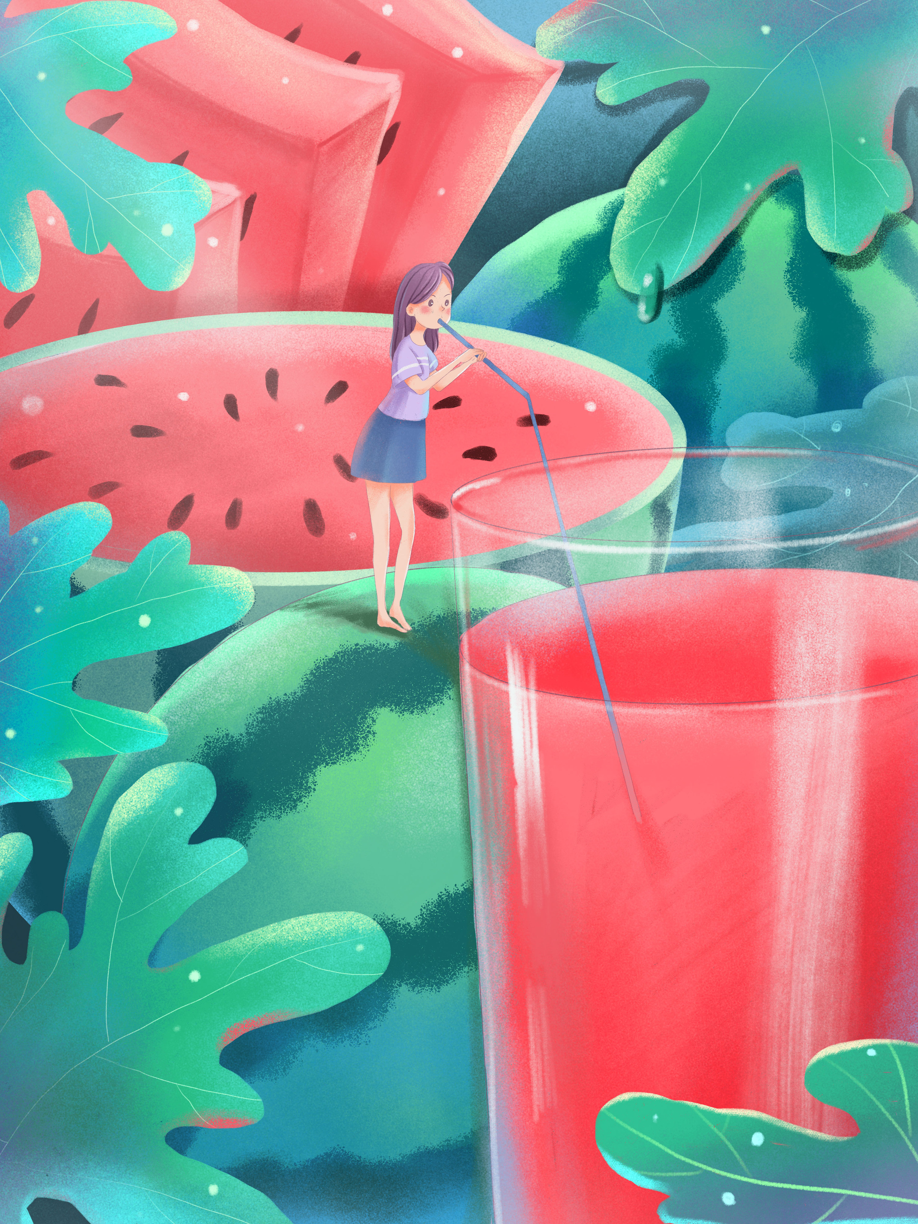 清凉一夏西瓜畅饮|插画|商业插画|摩丝卡卡 - 原创作品 - 站酷 (zcool