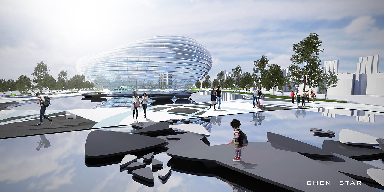 景观水池位于文化艺术中心东侧,分为两个水池,池中有许多小亲水平台。