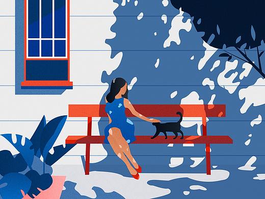 夏日树荫下的少女-磨砂质感的扁平场景插画