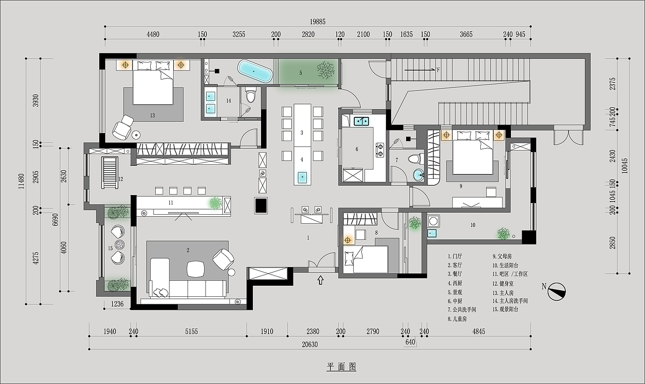 解决方案如下:
<br>1,在门厅设置隔断屏风,摆放装饰柜艺术品增加仪式感又能增加私密性;<br><br>2,餐厅尽头赠送部分纳入室内空间,增加人工景观,顶部增加人工照明模仿天井自然采光,增加该区域采光。<br><br>3,将客厅相邻的房间墙体拆除,完全打开,拓宽客厅区域的格局,实现与190平相符的大气空间,同时在该区域增加吧台兼临时工作区,电视背景墙等功能区。同时将主卧拓展出一个衣柜位,增加储物空间。<br><br>4,主卧入口改到客厅一侧进入,与餐厅增加酒柜隔断,既满足功能需要又能采光通风。父母房门打开即可满足南北通透的格局,通风采光达到最优。<br>