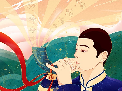 祭密枝系列插画——吹羊角号的少年