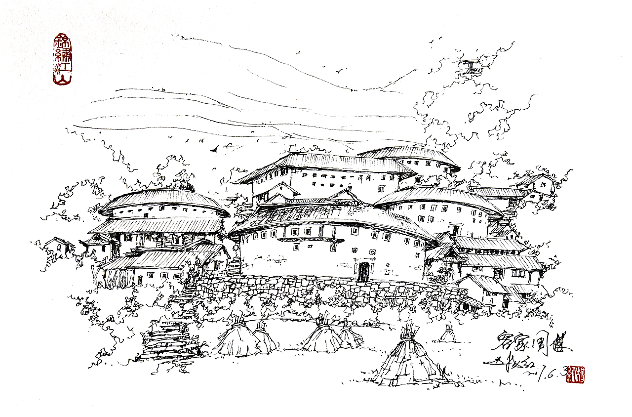 钢笔风景速写——村寨