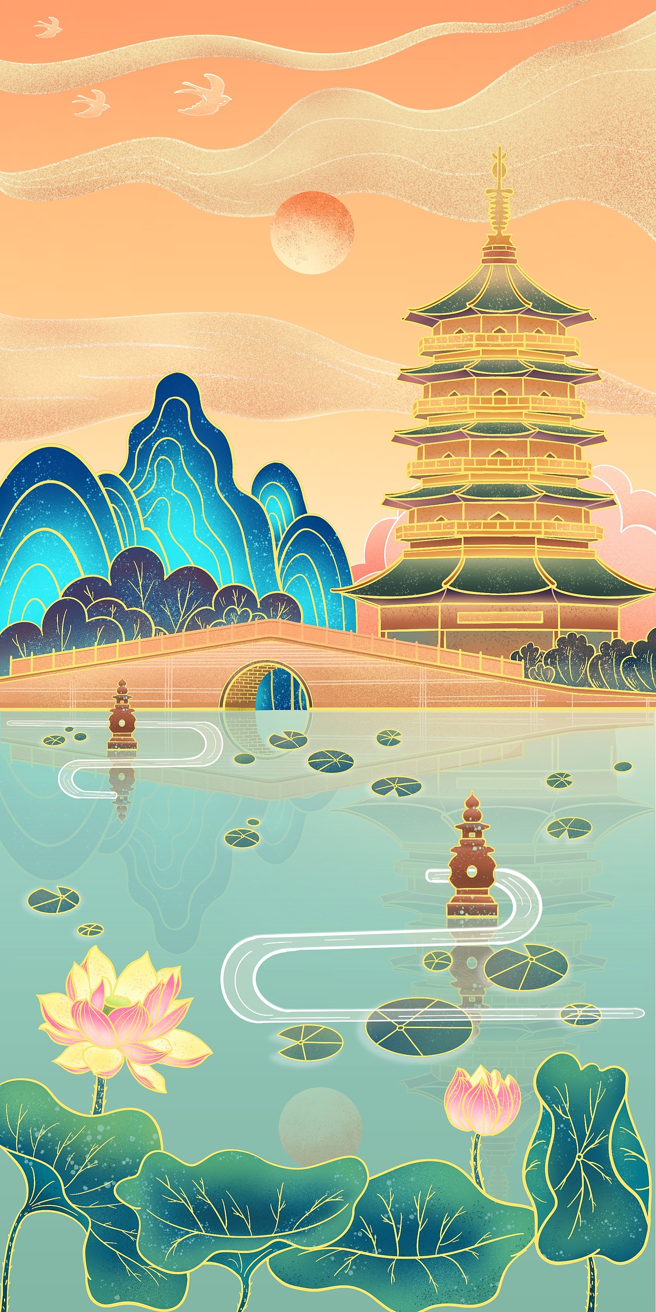 《赏西湖》国潮插画