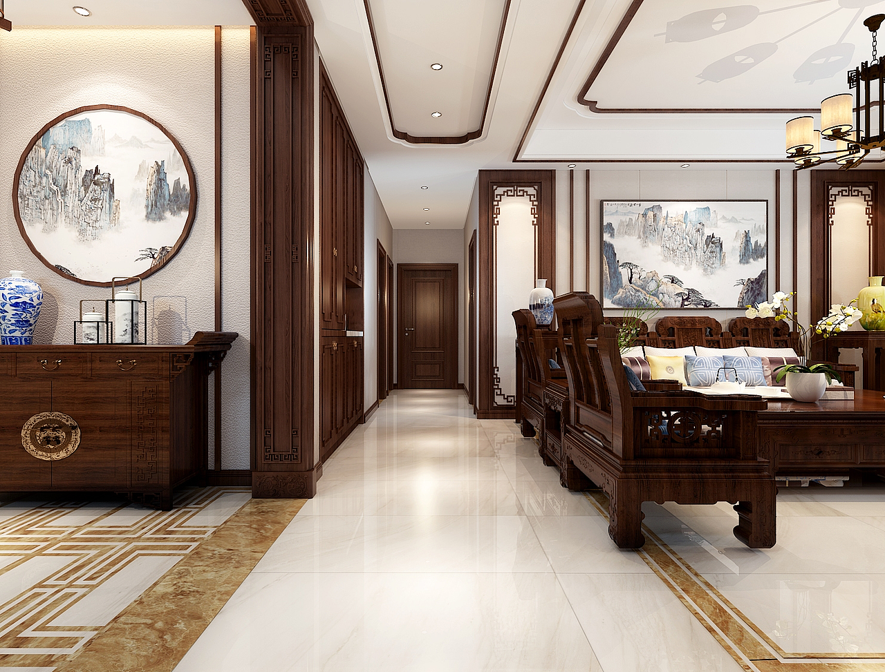 纹理搭配天然大理石,即传统又现代沙发背景,采用大理石对称柱子造型