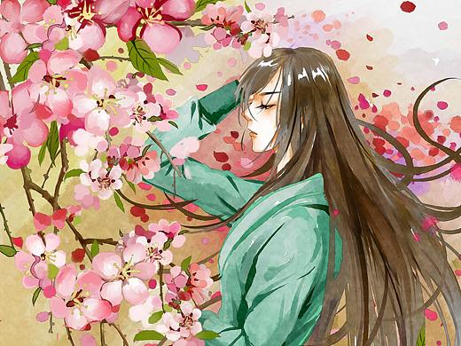 水彩-花下休憩少女