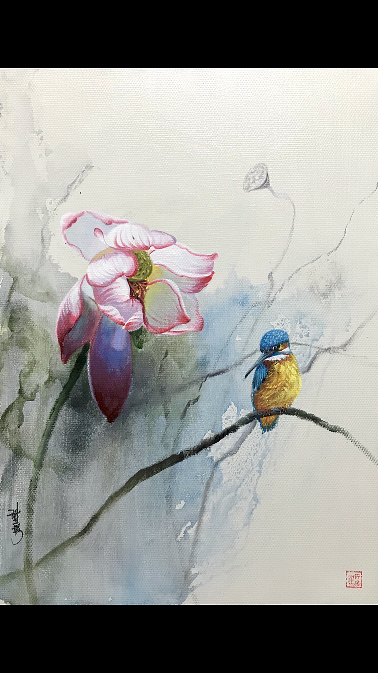 谢志敢油画作品【荷花鸟】
