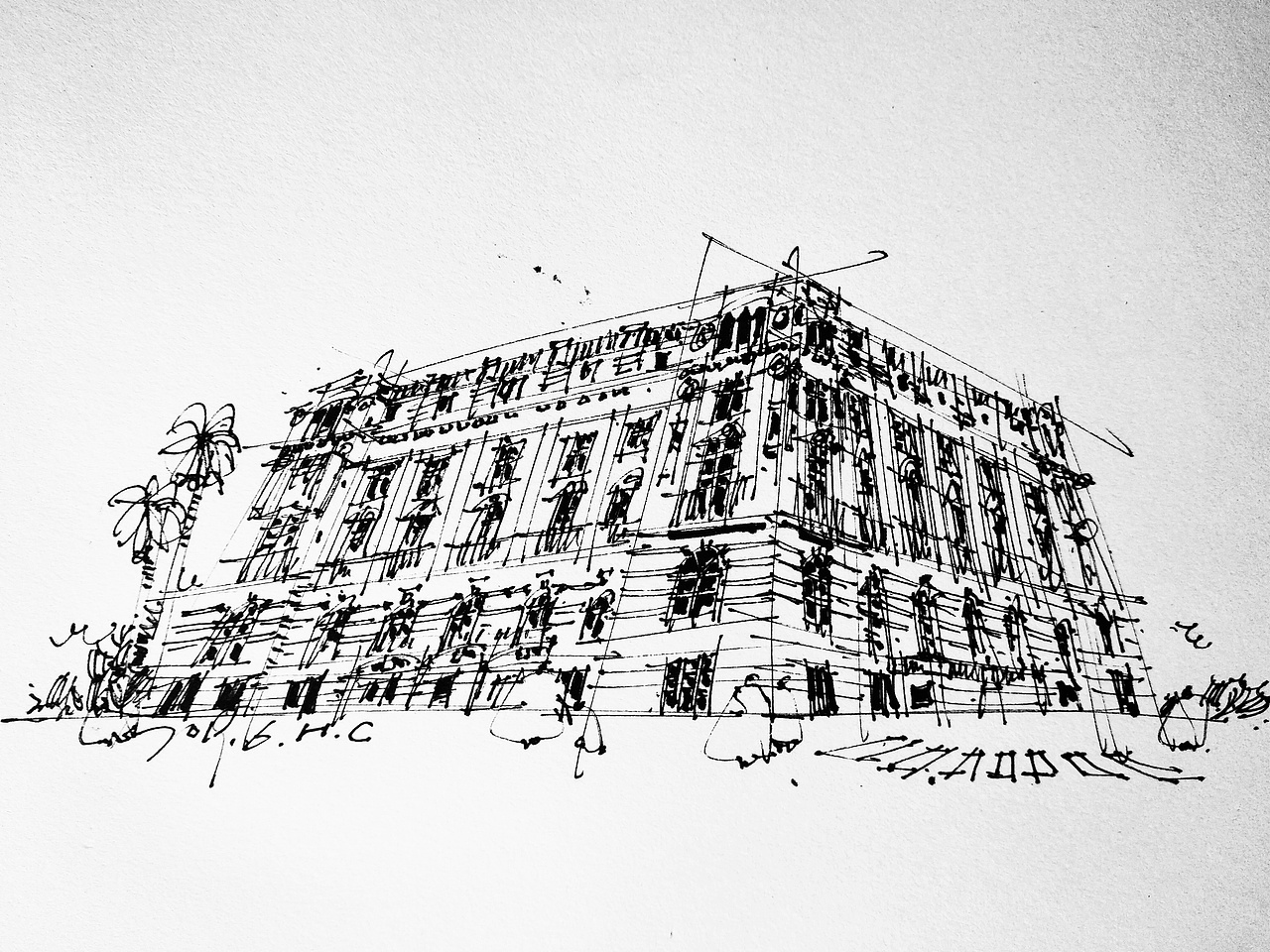 钢笔淡彩建筑风景速写