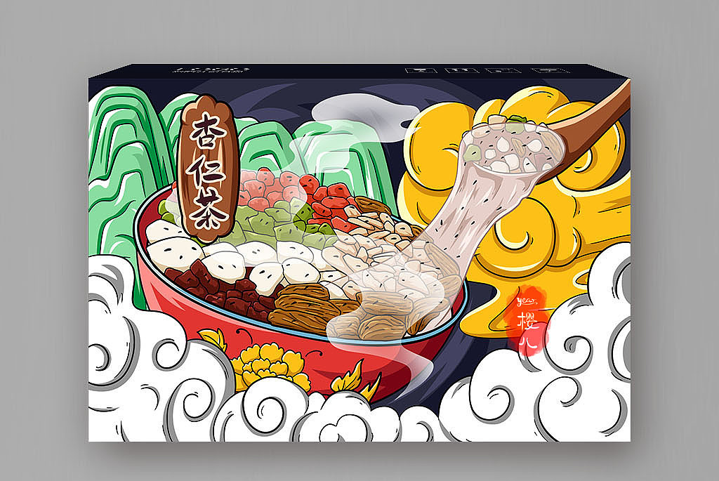 国潮杏仁茶包装插画设计（已商用）