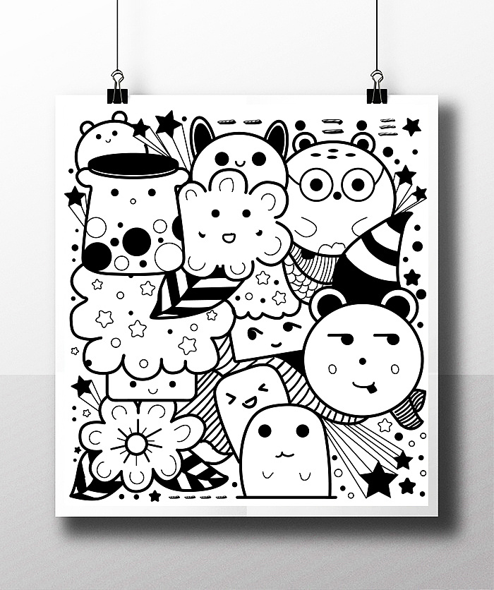 可爱卡通q版形象表情插画黑白系列