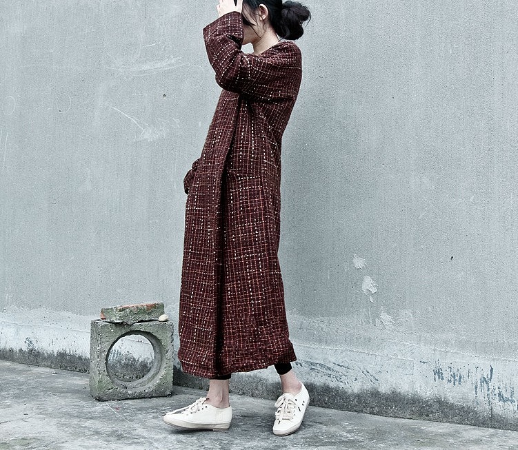 毛呢开衫外套 棉衣棉服红棕色格子
