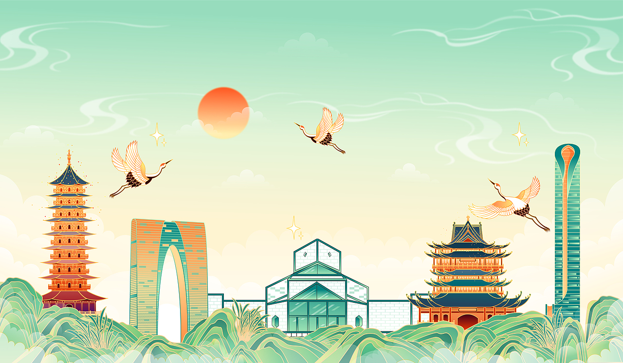 国潮风苏州建筑插画